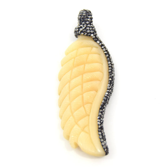 Rhinestone Encrusted Carved Wing/Feather Shaped Beige Colored Bone Pendant - Measuring 27mm x 75mm, Approx. - Sold Individually