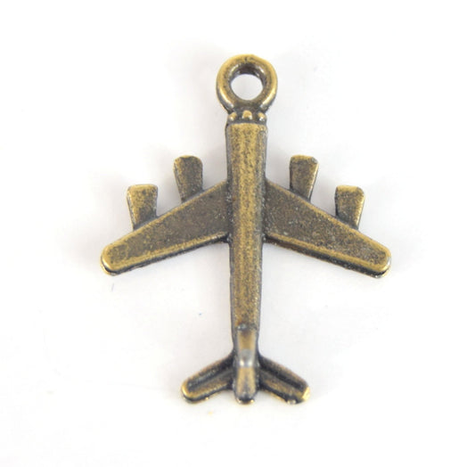 Antique Brass Plated Copper Vintage Airplane Pendant with One Ring- Measuring 22mm x 27mm - Sold Individually, Chosen at Random