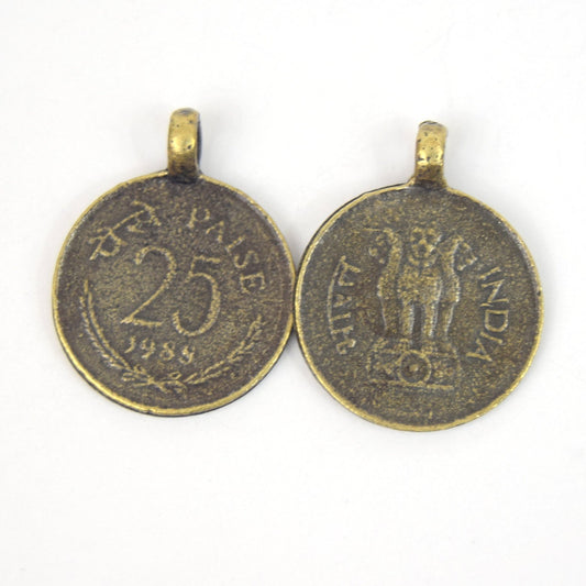Antique Brass Plated Copper 25 Cent Indian Coin Charm/Pendant with One Ring- Measuring 18mm x 18mm - Sold Individually, Chosen at Random