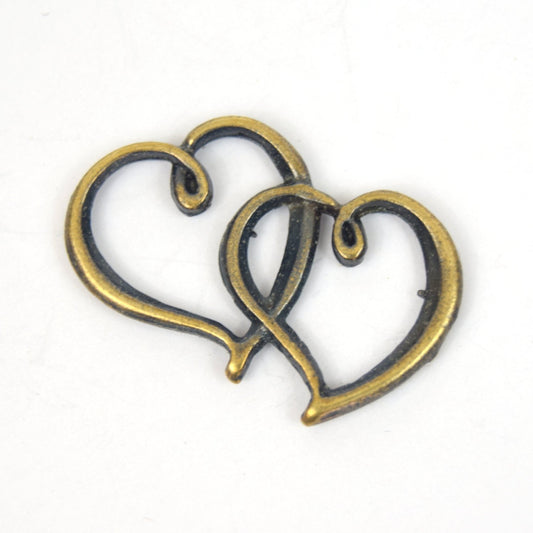 Antique Brass Plated Copper Double Heart Charm/Pendant - Measuring 40mm x 30mm - Sold Individually, Chosen at Random
