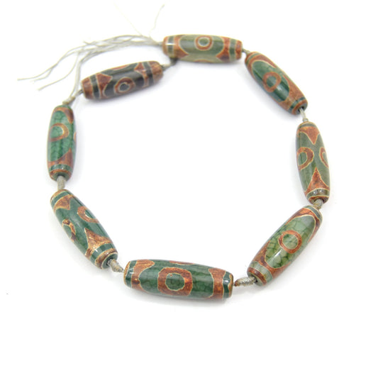 40mm Natural Eye Spotted Brown/Green Tibetan Agate Tube/Barrel Shaped Beads - (Approx. 15" ~8 Beads)