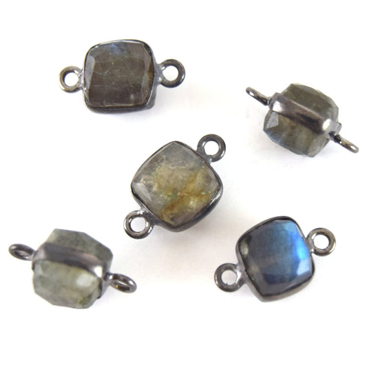 Labradorite Bezel | Gunmetal Finish Faceted Natural Iridescent Cube Square Shaped Plated Copper Bezel Connector Link - 8mm Sold Individually