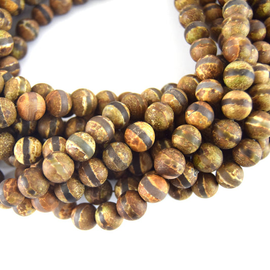 10mm Matte Striped Round Reddish Brown/Gray Colored Tibetan Agate Beads - Semi-Precious Gemstone!