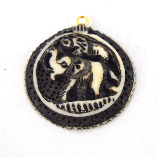 38mm x 40mm - White and Black - Hand Carved Elephants - Round Shaped Natural Ox Bone Pendant