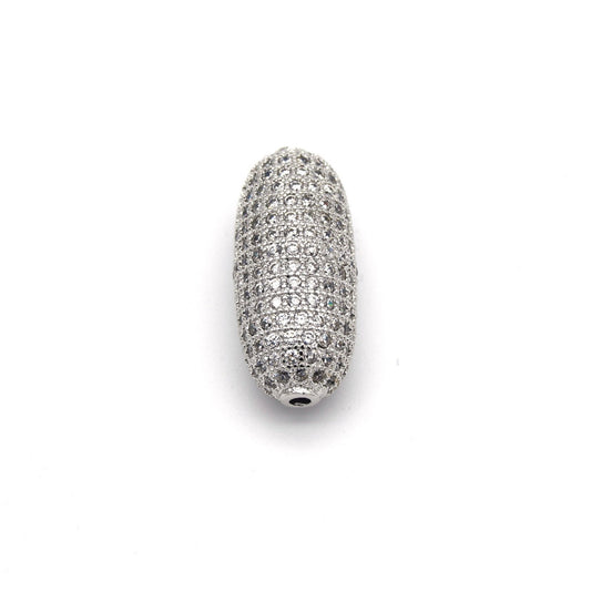 12mm x 28mm Silver Plated White CZ Cubic Zirconia Inlaid Rounded Barrel Shaped Copper Bead