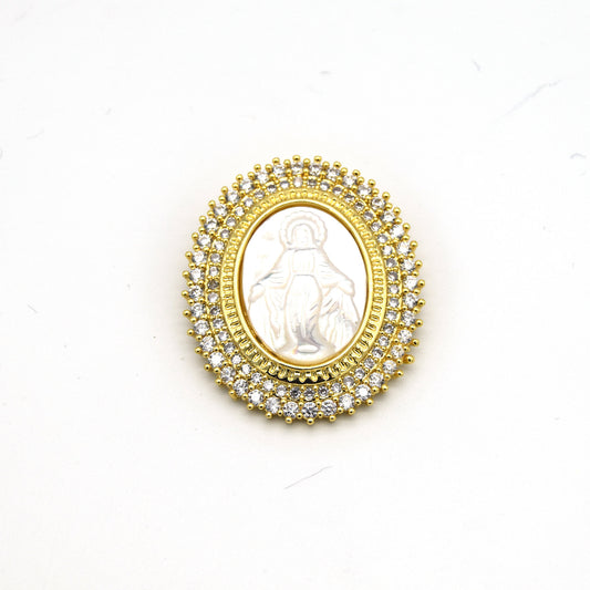 26mm x 32mm Gold CZ Cubic Zirconia Encrusted/Inlaid Virgin Mary Oval Shaped Pendant/Slider