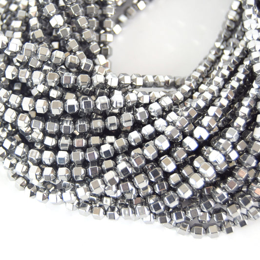 4mm Natural Metallic Silver Coated Hematite 3-D Hexagonal Beads - Semi-Precious Gemstone