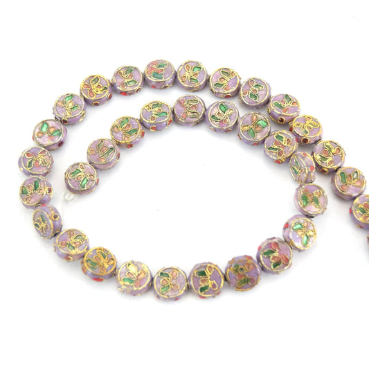 11mm Decorative Floral Lavender Puffed Drum Shaped Metal/Enamel Cloisonné Beads - Sold by 15" Strands (Approx. 36 Beads Per Strand)
