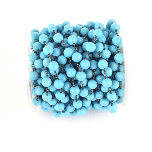 Gunmetal Plated Copper Rosary Chain with 7mm Round Shaped Reconstituted Blue Turquoise Beads