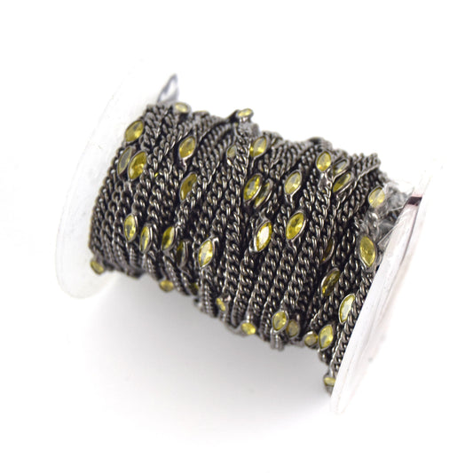 Gunmetal Plated Copper Spaced with 6mm Faceted Yellow Hydro Quartz Marquise Bezel Link Rosary Chain