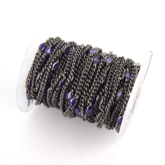 Gunmetal Plated Copper with 6mm Faceted Purple Hydro Quartz Marquise Spaced Bezel Link Rosary Chain