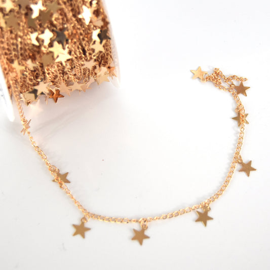 Rose Gold Plated Brass Spaced Single Dangle Wrapped Chain with 7mm Rose Gold Star Dangles