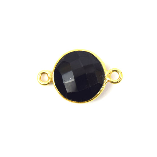 Gold Plated Faceted Hydro (Lab Created) Jet Black Onyx Round/Coin Shaped Bezel Connector - Measuring 12mm x 12mm - Sold Individually