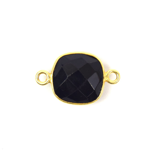 Gold Plated Faceted Hydro (Lab Created) Jet Black Onyx Square Shaped Bezel Connector - Measuring 10mm x 10mm - Sold Individually