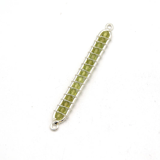 42mm x 4mm Silver Wire Wrapped Pale Green Peridot Bead Inclosure Pendant/Connector