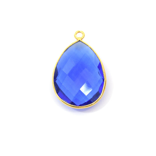 Gold Plated Faceted Hydro (Lab Created) Transparent Cobalt Teardrop Shaped Bezel Pendant - Measuring 18mm x 24mm - Sold Individually