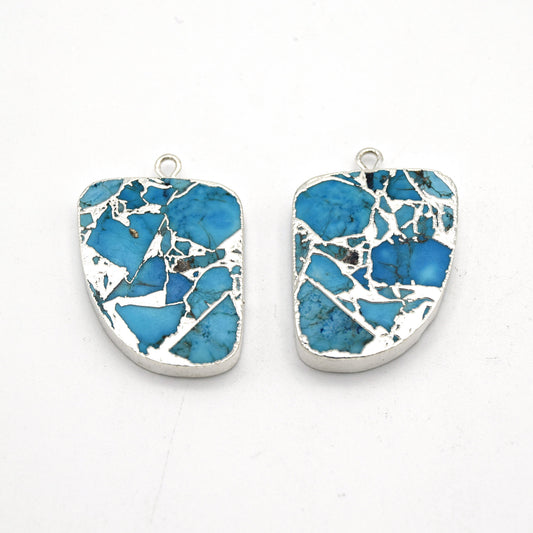20mm x 26mm OOAK Matching Pair of Reconstituted Copper Turquoise & Silver Mosaic Oblong Shaped Flat Pendants