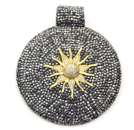 Pave Black Rhinestone Encrusted Disc/Coin Shaped Silver Metal Pendant with Attached Gold Sun - Measuring 70mm x 80mm - Sold Individually