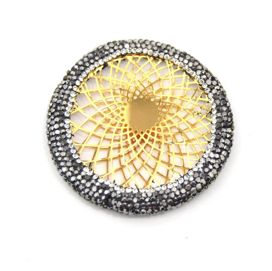 Pave Rhinestone Encrusted Gold Plated Round Ring Pendant with Gold Central Geometric Metalwork - Measuring 50mm x 50mm - Sold Individually