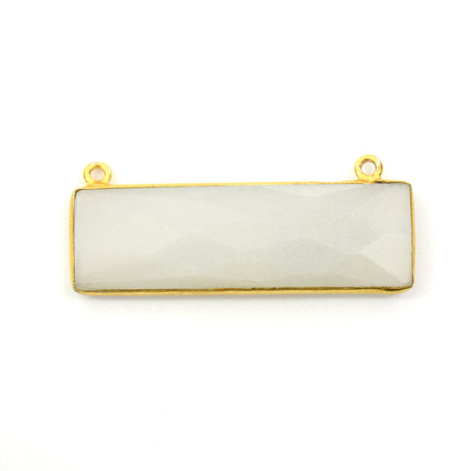 Gold Plated Faceted Natural Grey Moonstone Rectangle/Bar Shaped Bezel Connector - ~ 12mm x 40mm - Sold Individually, Chosen Randomly
