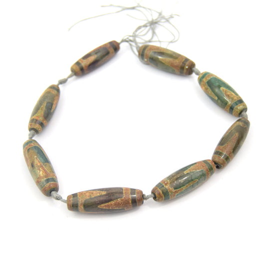 40mm Natural Wavy Pattern Brown/Green/Gold Tibetan Agate Tube/Barrel Beads - (Approx. 15" ~8 Beads)