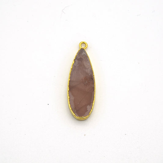 Pale Peach Moonstone Bezel | 11mm x 30mm Gold Plated Natural Long Teardrop Shaped Flat Pendant