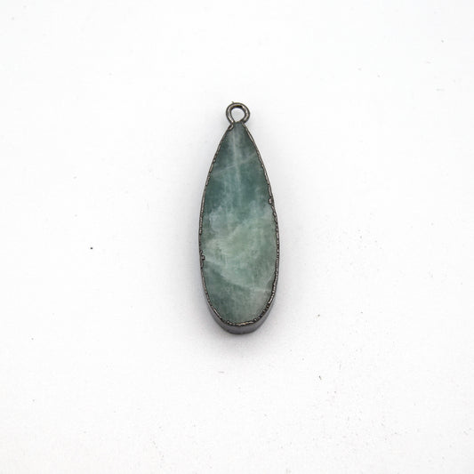 11mm x 30mm Gunmetal Plated Natural Pale Pastel Green Amazonite Long Teardrop Shaped Flat Pendant