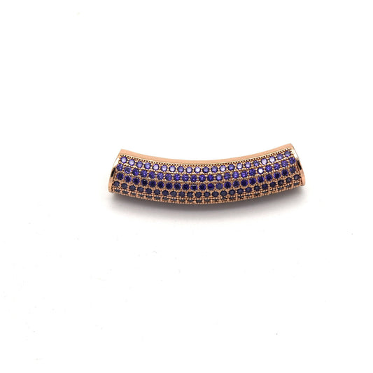 36mm Rose Gold Plated CZ Cubic Zirconia Inlaid Curved Tube/Macaroni Shaped Bead with Purple CZ