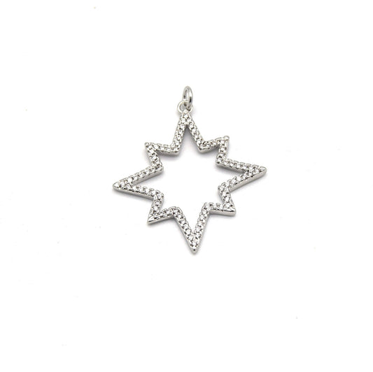 30mm x 30mm Silver Plated CZ Cubic Zirconia Inlaid Octagonal Star Shaped Bailed Pendant