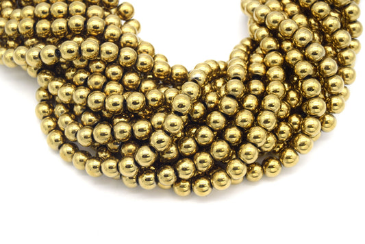 8mm Smooth Natural Gold Hematite Round/Ball Shaped Beads - (Approx. 15.5" Strand ~55 Beads)