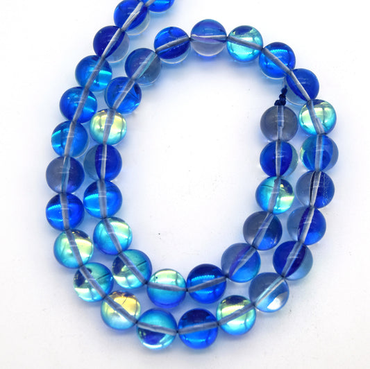 10mm Smooth Clear/Aqua Round/Ball Shaped Glass Moonstone Beads - (Approx. 15" Strand ~39 Beads)