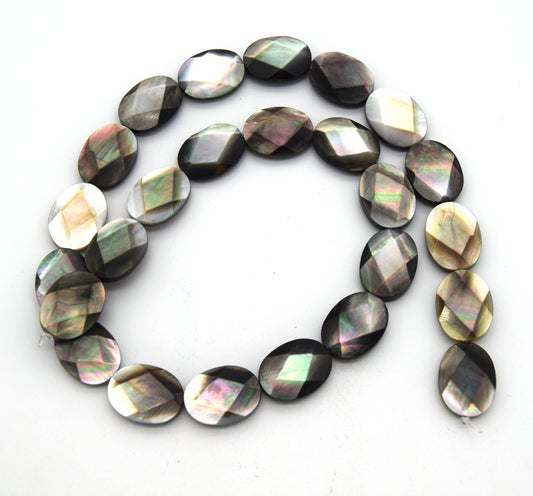 16mm x 12mm Faceted Oval Shaped Iridescent Black Lip Shell Beads - (Approx. 16" ~25 Beads)