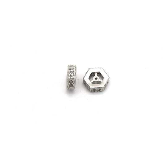 8mm x 8mm Silver Plated Cubic Zirconia Encrusted/Inlaid Eyed Hexagon Shaped Bead