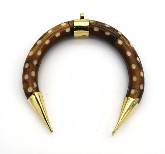 75mm x 75mm Brown Dotted Double Ended Crescent Shaped Natural Ox Bone Pendant with Gold Bail/Caps