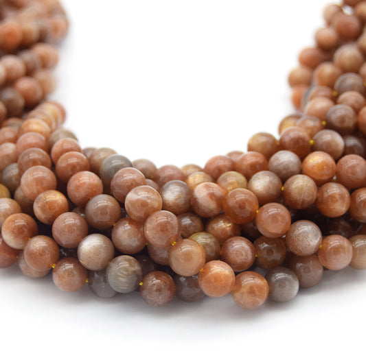 Sunstone Beads - 6mm to 14mm Round Smooth Glossy Natural Iridescent Dark Peach/Orange Gemstone Beads.