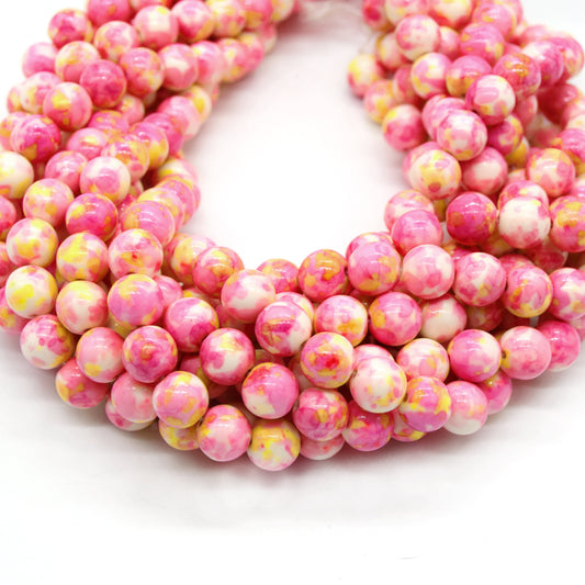 Dyed Mottled Jade Beads | Dyed Pink Yellow and White Round Gemstone Beads - 8mm 10mm 12mm Available