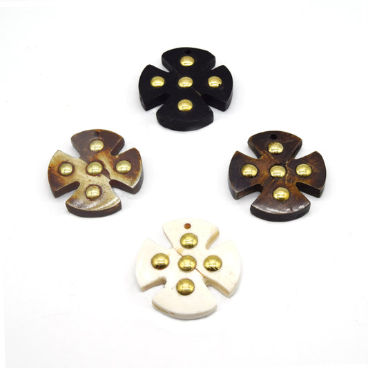 Bone Pendant | Thick Clover Shaped Ox Bone Pendant with Gold Dot Embellishments