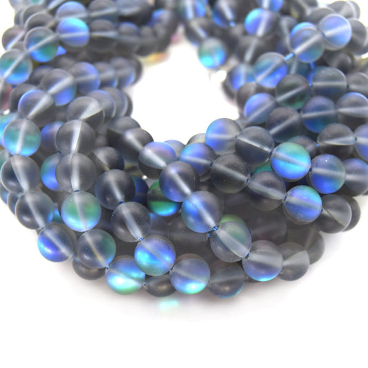 Synthetic Moonstone Beads | Mystic Aura Quartz Beads | Gray Matte Holographic Glass Beads - 6mm 8mm 10mm 12mm Available