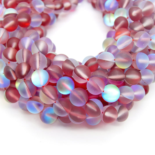 Synthetic Moonstone Beads | Mystic Aura Quartz Beads | Red Matte Holographic Glass Beads - 6mm 8mm 10mm 12mm Available