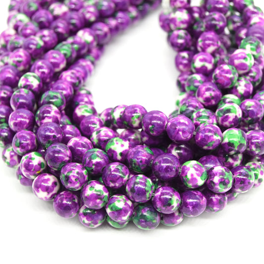 Dyed Mottled Jade Beads | Dyed Deep Purple Green and White Round Gemstone Beads - 8mm 10mm 12mm Available