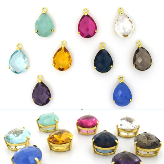 Hydro Quartz Prong Set Teardrop Gold Bezel Pendants - 17mm x 27mm - Blue, Yellow, Pink, Clear, Gray, Purple, Aqua available