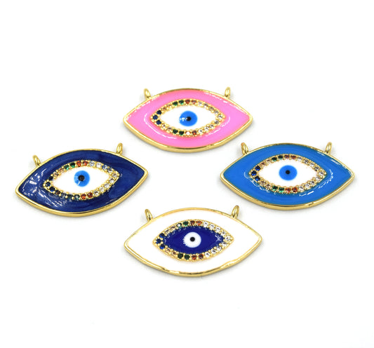 CZ Enamel Brass Pendant | 24mm Evil Eye with Multicolor CZ - Two Loops - White, Blue, Pink available