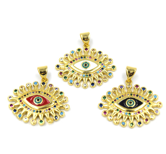 CZ Enamel Brass Pendant | 25mm Evil Eye Shaped Pendant with Multicolor CZ Rays - Red White and Black available