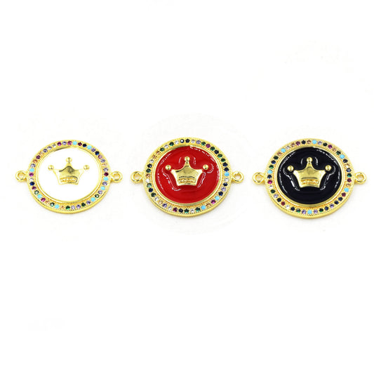 CZ Enamel Brass Connector | 20mm Enamel Circle with Crown and CZ Rim - White, Black, Red available