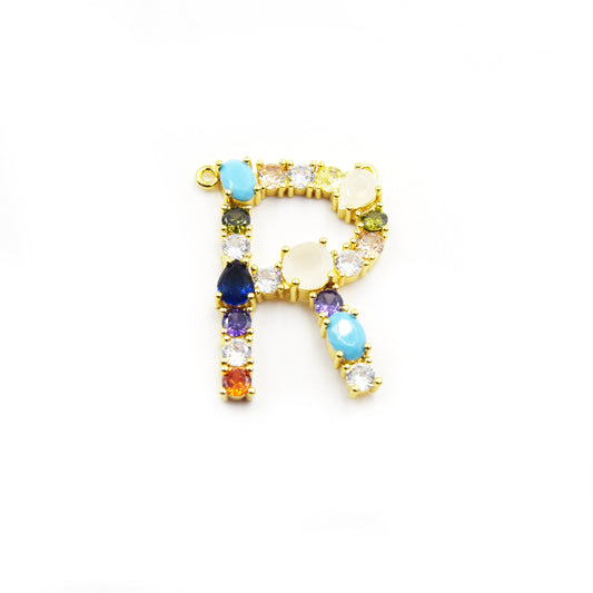 Gold Alphabet Rhinestone Pendant | Letter R Multi-color Rhinestone Pendant with Two Loops - 35mm x 35mm