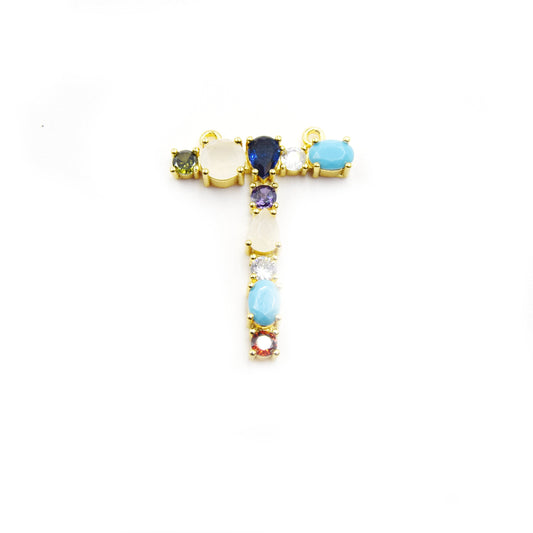 Gold Alphabet Rhinestone Pendant | Letter T Multi-color Rhinestone Pendant with Two Loops - 30mm x 35mm