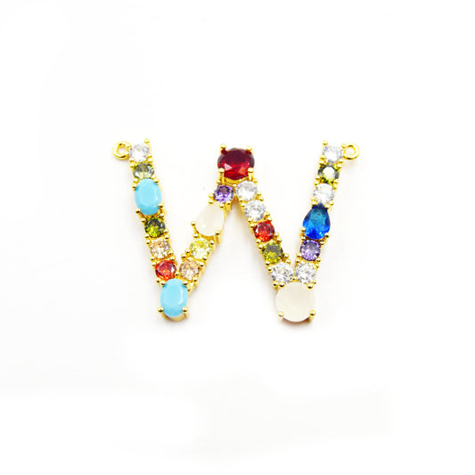 Gold Alphabet Rhinestone Pendant | Letter W Multi-color Rhinestone Pendant with Two Loops - 40mm x 35mm