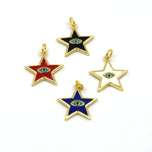Enamel Brass Pendant | 18mm Enamel Star with Teal Evil Eye - White, Black, Red, Blue available