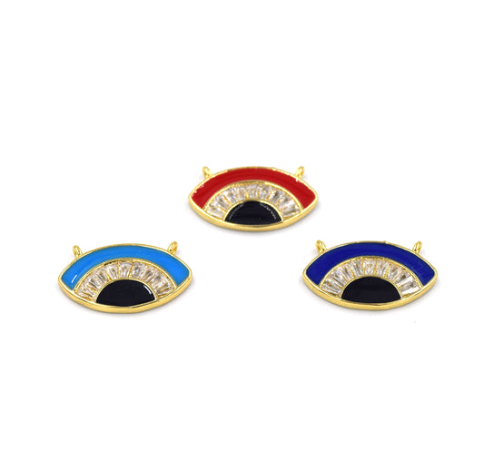 CZ and Enamel Brass Pendant | 20mm Enamel Evil Eye with White Cubic Zirconia - Blue and Red Available - Two Loops