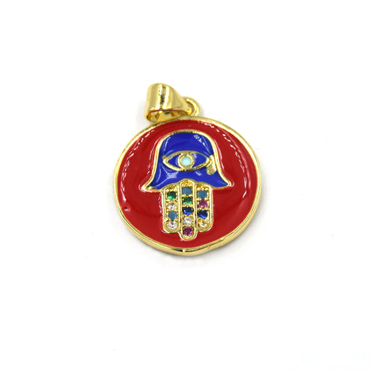 CZ Enamel Brass Pendant | 18mm Hamsa and Evil Eye Circle Shaped Pendant - Red, Blue, Multicolor Cubic Zirconia